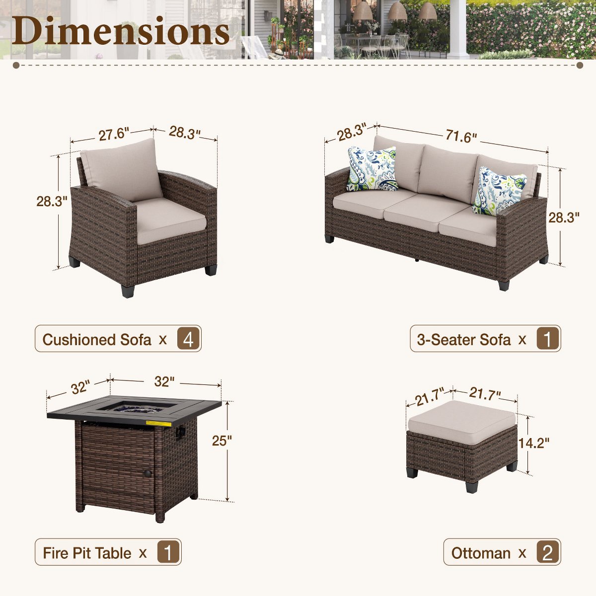 8pc Outdoor Patio Wicker Rattan Cushioned Fire Pit Set with Ottomans and Single Sofas
