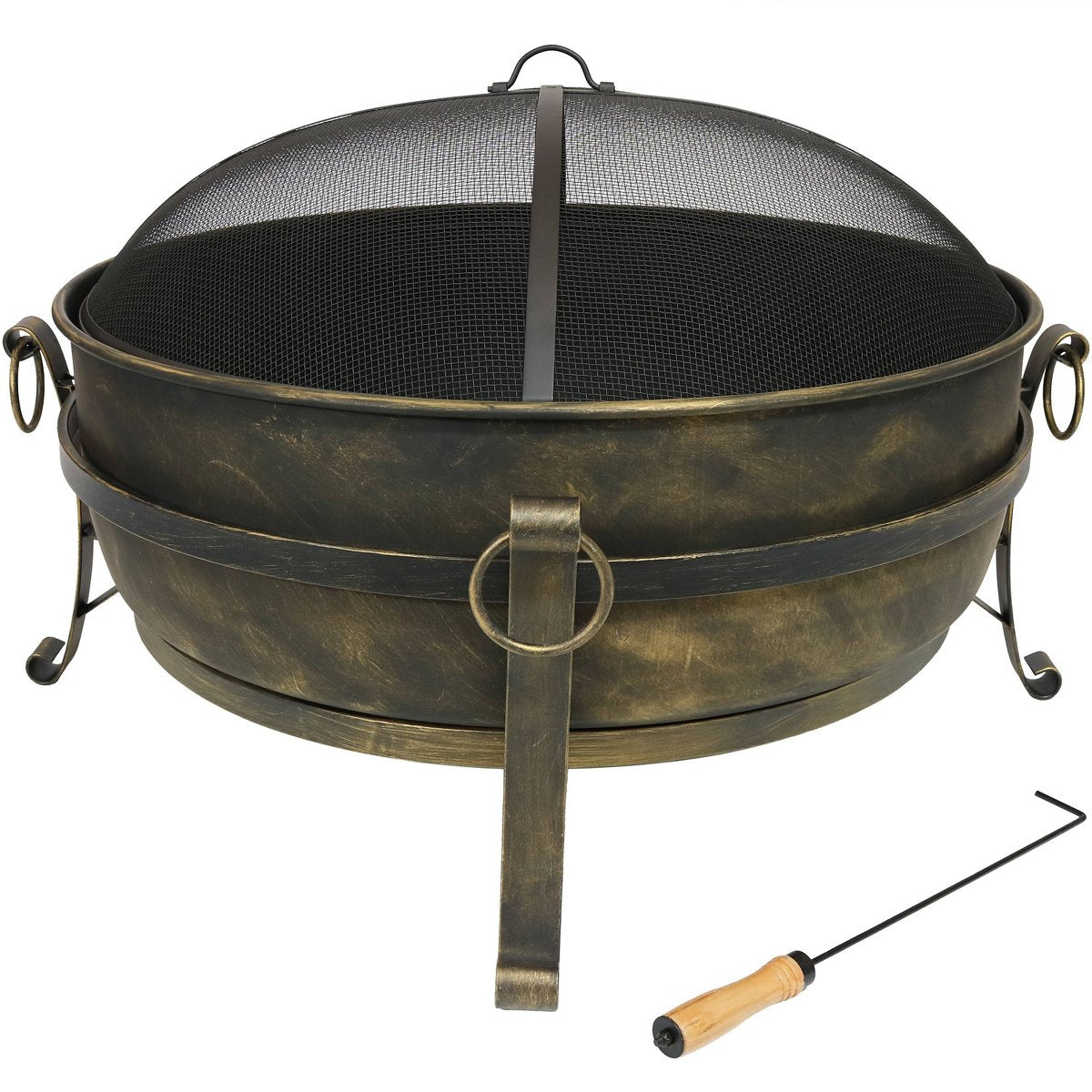 Sunnydaze Outdoor Camping or Backyard Round Cauldron Fire Pit with Spark Screen, Log Poker, and Metal Wood Grate