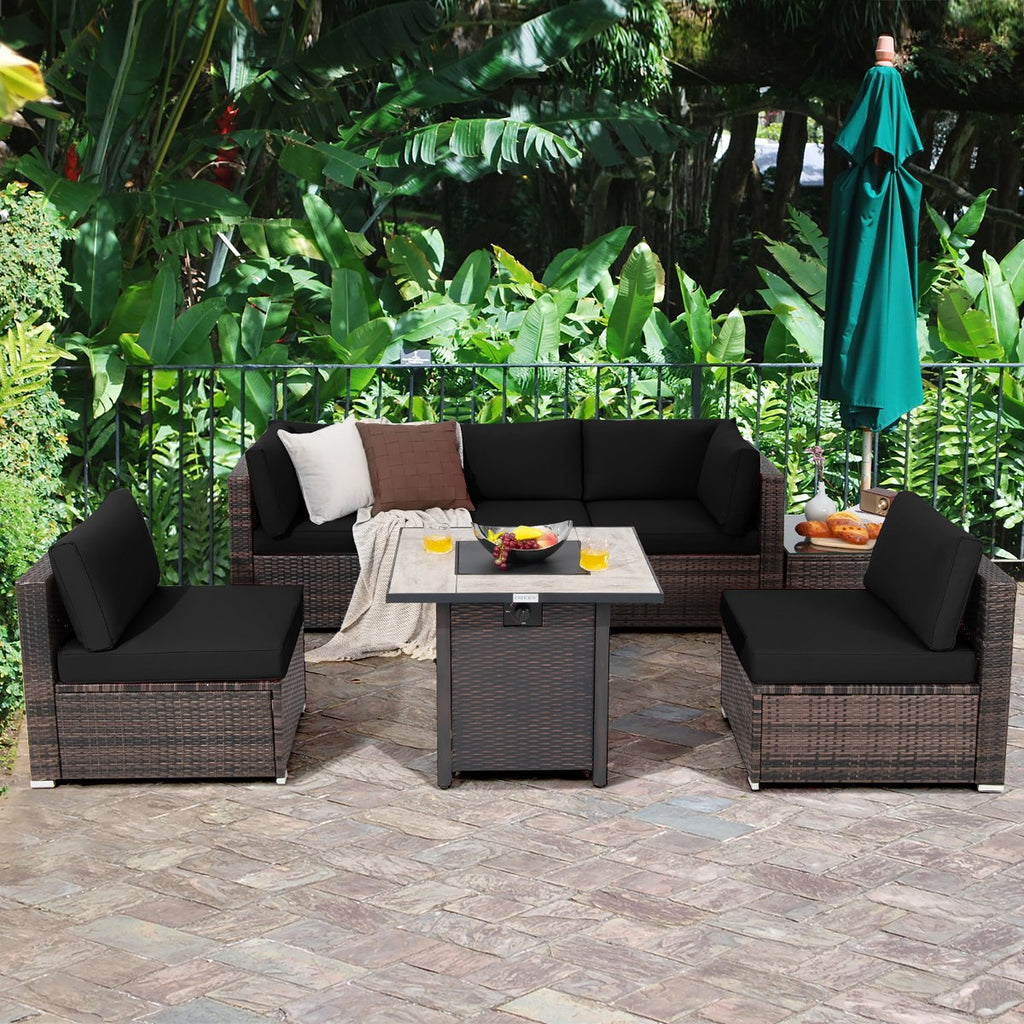 7PCS Patio Rattan Furniture Set 30'' Fire Pit Table Cover Cushion Sofa Off WhiteBlackNavyRedTurquoiseBrownBeige