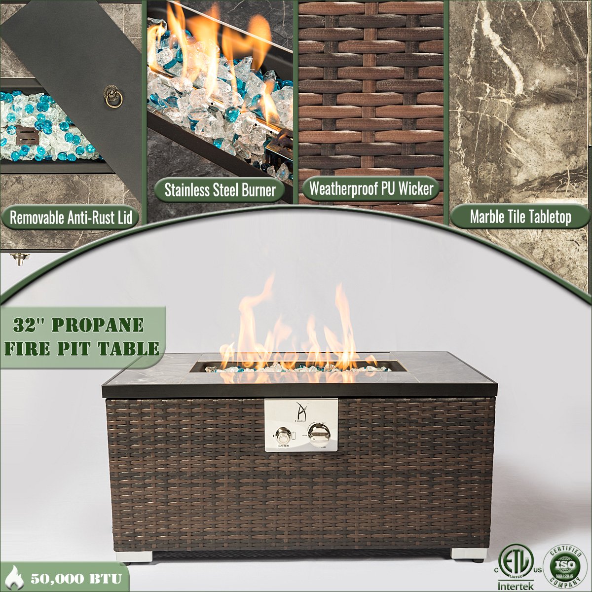 32 Propane Gas Fire Pit Table, 50,000 BTU Outdoor Tile Top Fireplace with Wicker Base & Cover, Brown