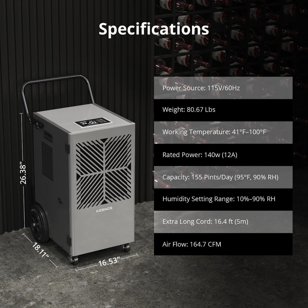 155 Pint Commercial Dehumidifier for Home & Basements up to 7500 sq ft