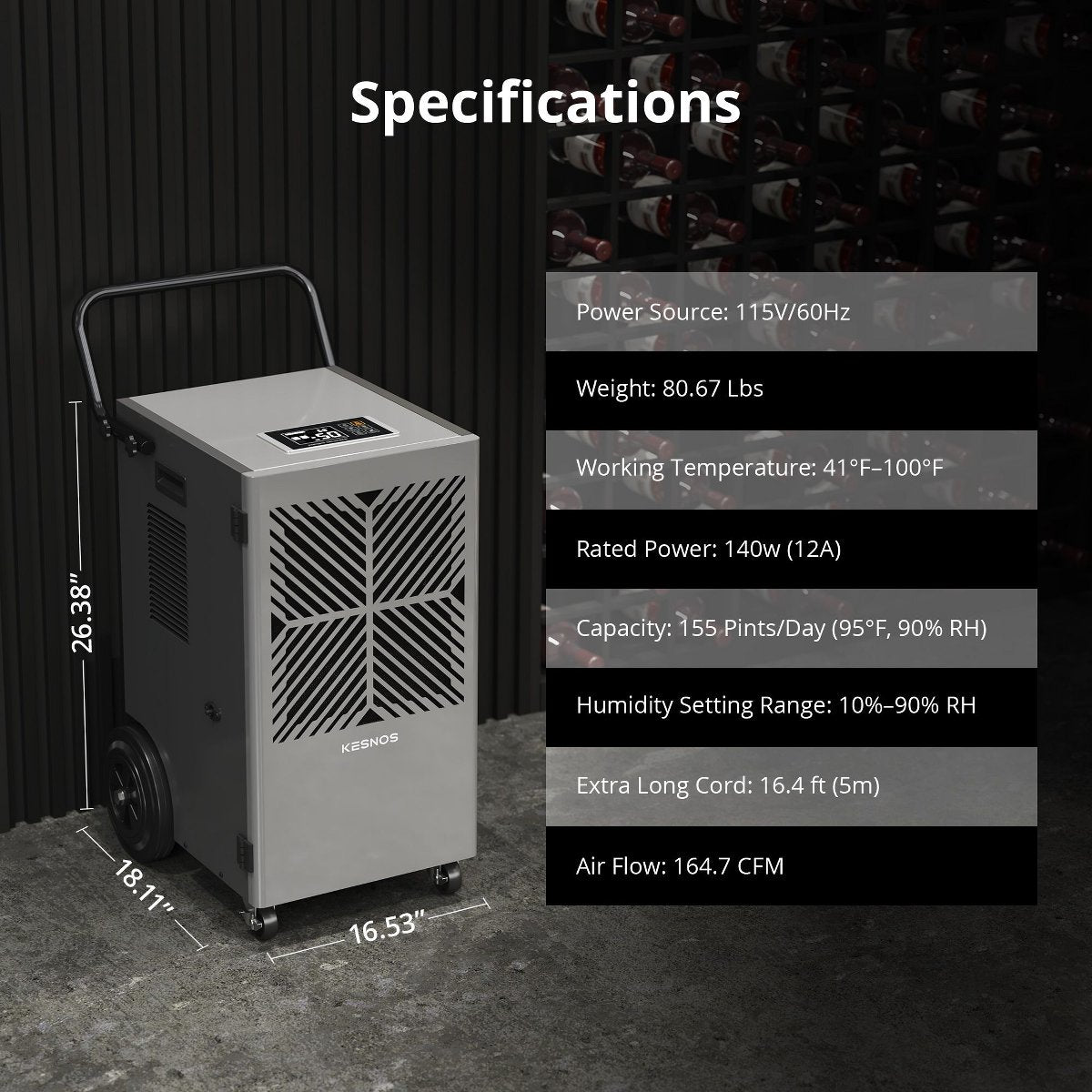 155 Pint Commercial Dehumidifier for Home & Basements up to 7500 sq ft