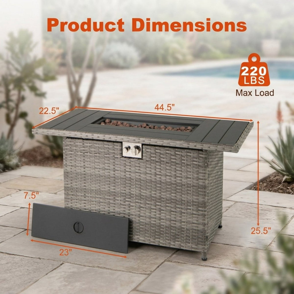 44.5-Inch Outdoor Fire Pit Table with Woven Rattan and Stainless Steel Burner, Doubles as a Patio Coffee Table, Gray