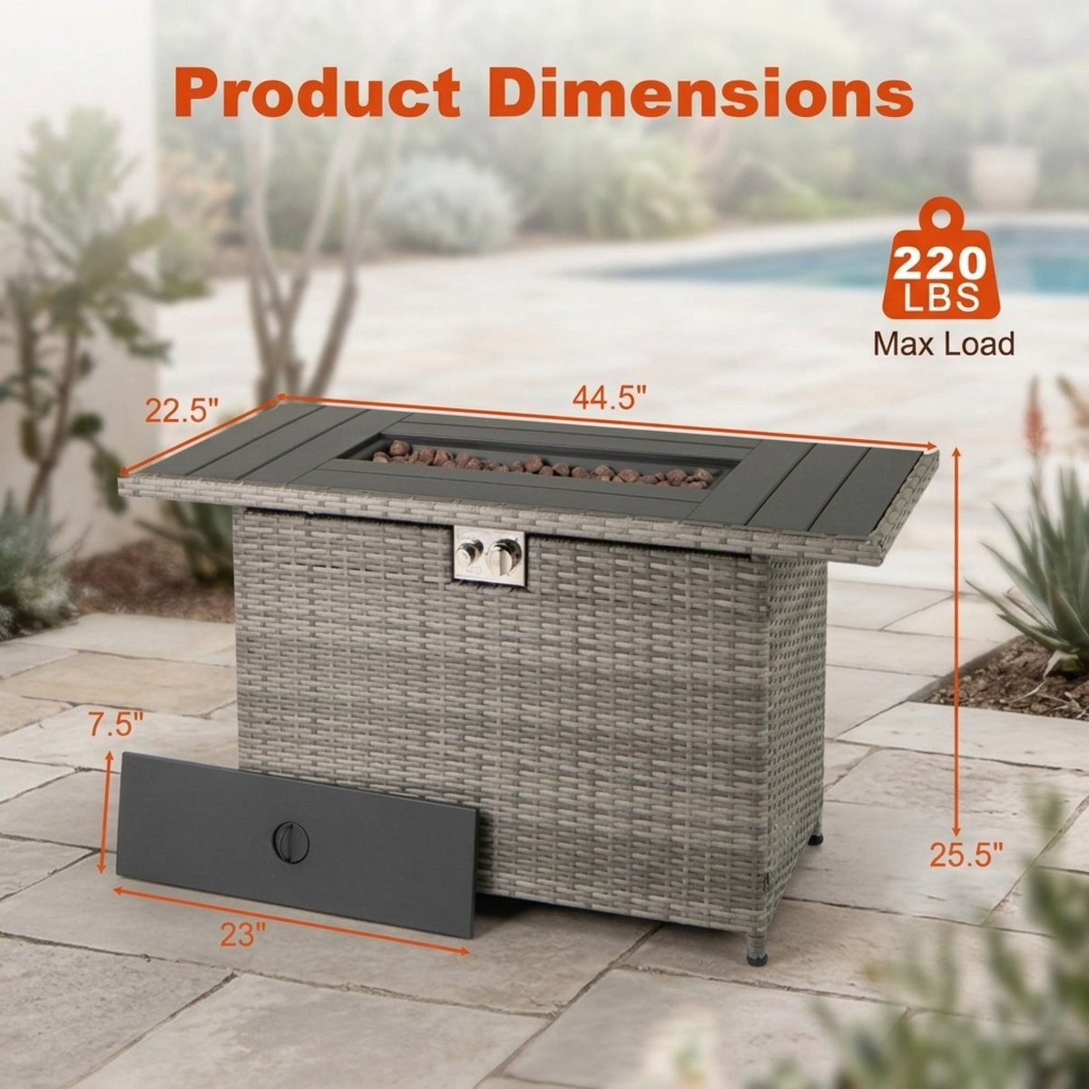 44.5-Inch Outdoor Fire Pit Table with Woven Rattan and Stainless Steel Burner, Doubles as a Patio Coffee Table, Gray