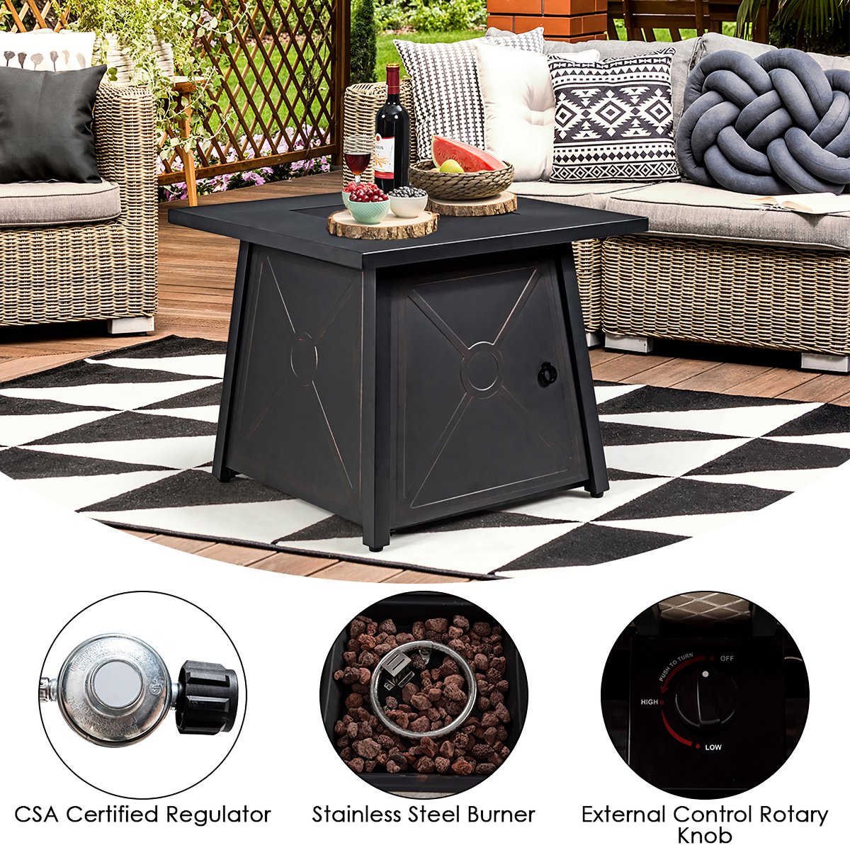9PCS Patio Rattan Furniture Set Fire Pit Space-saving W/ Cushion cover