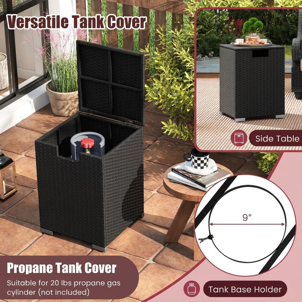 32 Inch Rectangular Propane Fire Pit Table Set 40,000 BTU Rattan with Tank Cover and Glass Top