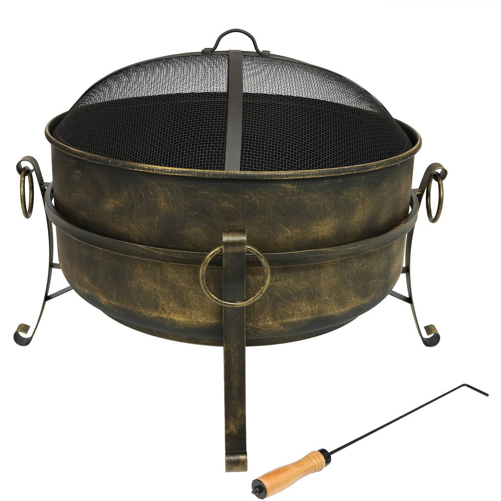 Sunnydaze Outdoor Camping or Backyard Round Cauldron Fire Pit with Spark Screen, Log Poker, and Metal Wood Grate