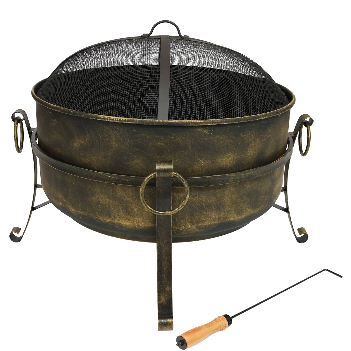 Sunnydaze Outdoor Camping or Backyard Round Cauldron Fire Pit with Spark Screen, Log Poker, and Metal Wood Grate