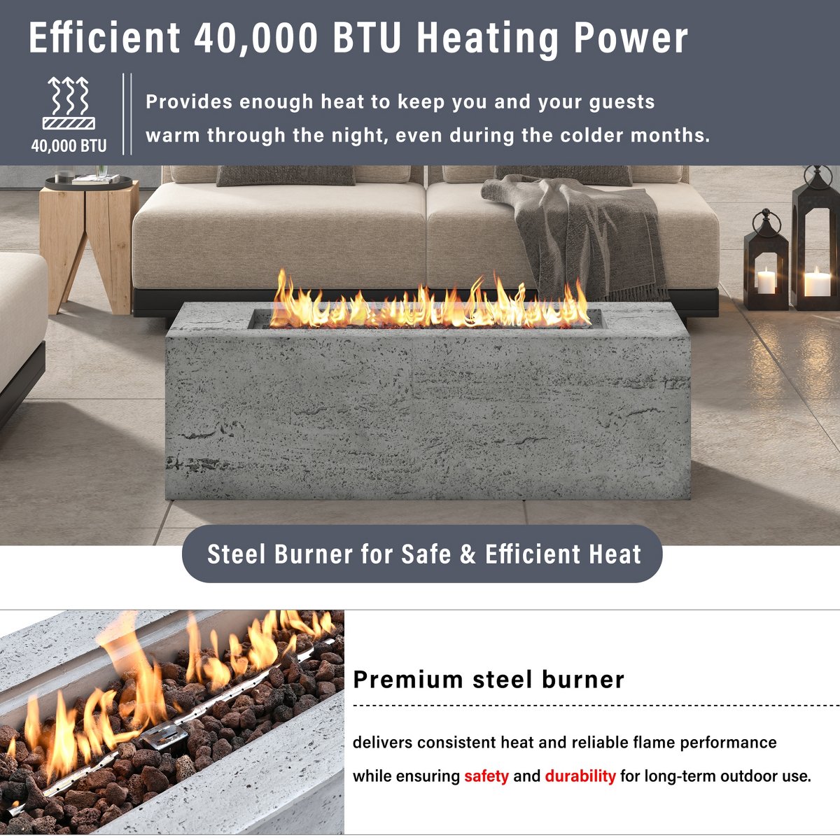 42 Rectangular Propane Fire Pit, 40,000 BTU MGO Outdoor Patio Heater with Cover & 10ft Hose, Light Grey