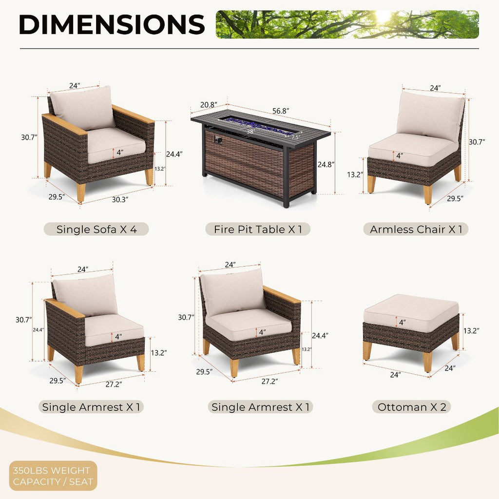 10pc Wicker Outdoor Patio Rattan Sectional Conversation Set with Fire Pit Table and Cushioned Ottoman