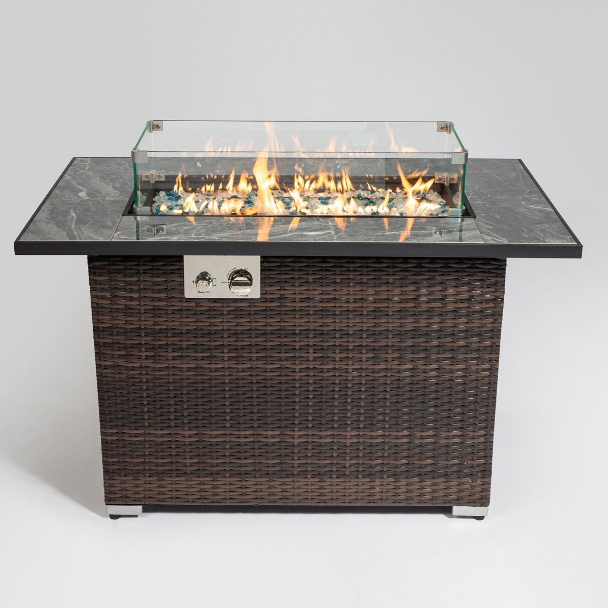 44 Propane Gas Fire Pit Table, 50,000 BTU Outdoor Tile Top Fireplace with Wicker Base & Cover, Brown