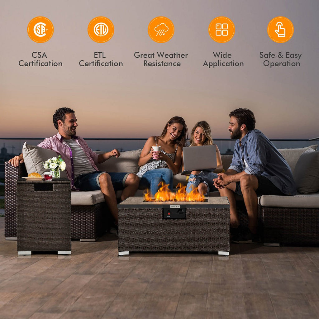 32x 20 Propane Rattan Fire Pit Table Set with Side Table Tank & Cover 40,000 BTU Grey/Coffee