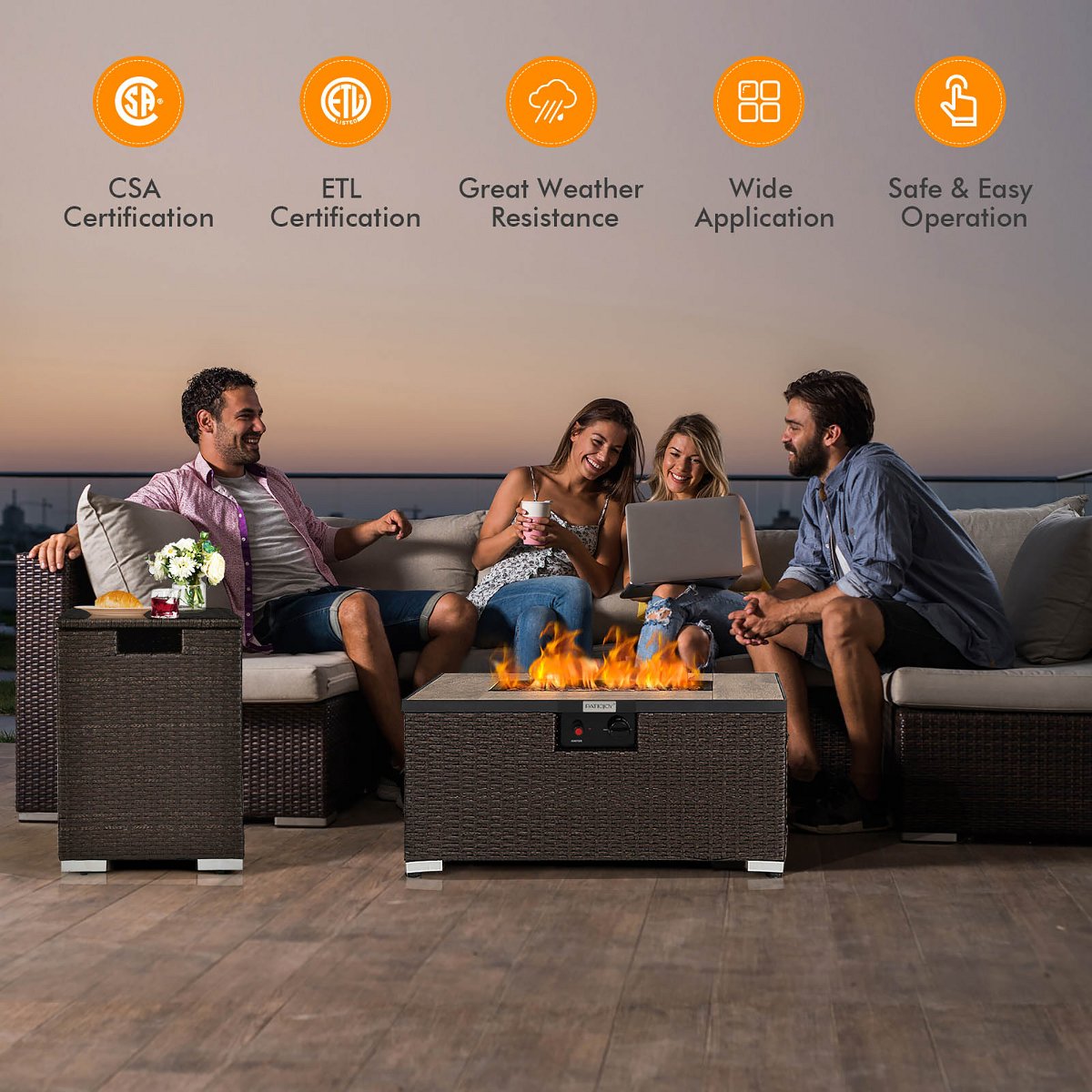 32x 20 Propane Rattan Fire Pit Table Set with Side Table Tank & Cover 40,000 BTU Grey/Coffee
