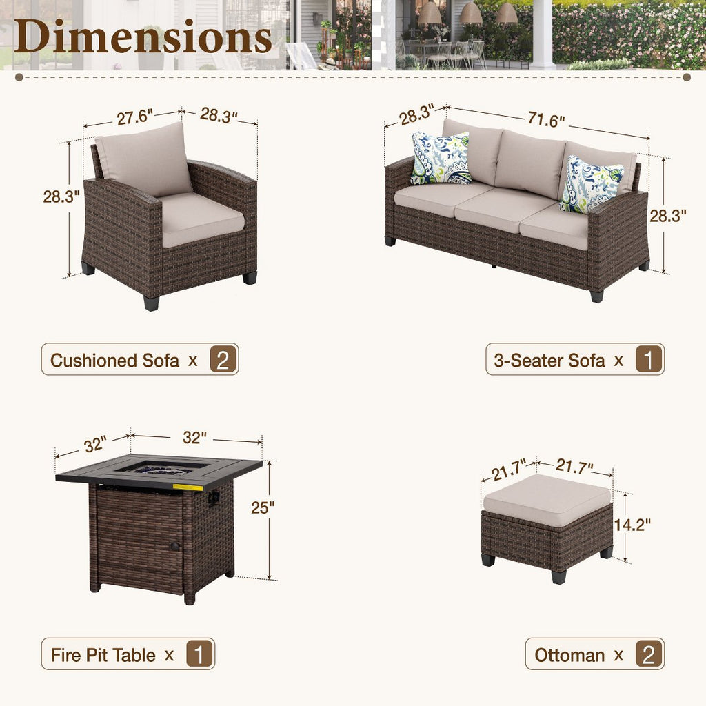 6pc Outdoor Patio Wicker Rattan Fire Pit Set with Cushioned Ottomans and Single Sofas