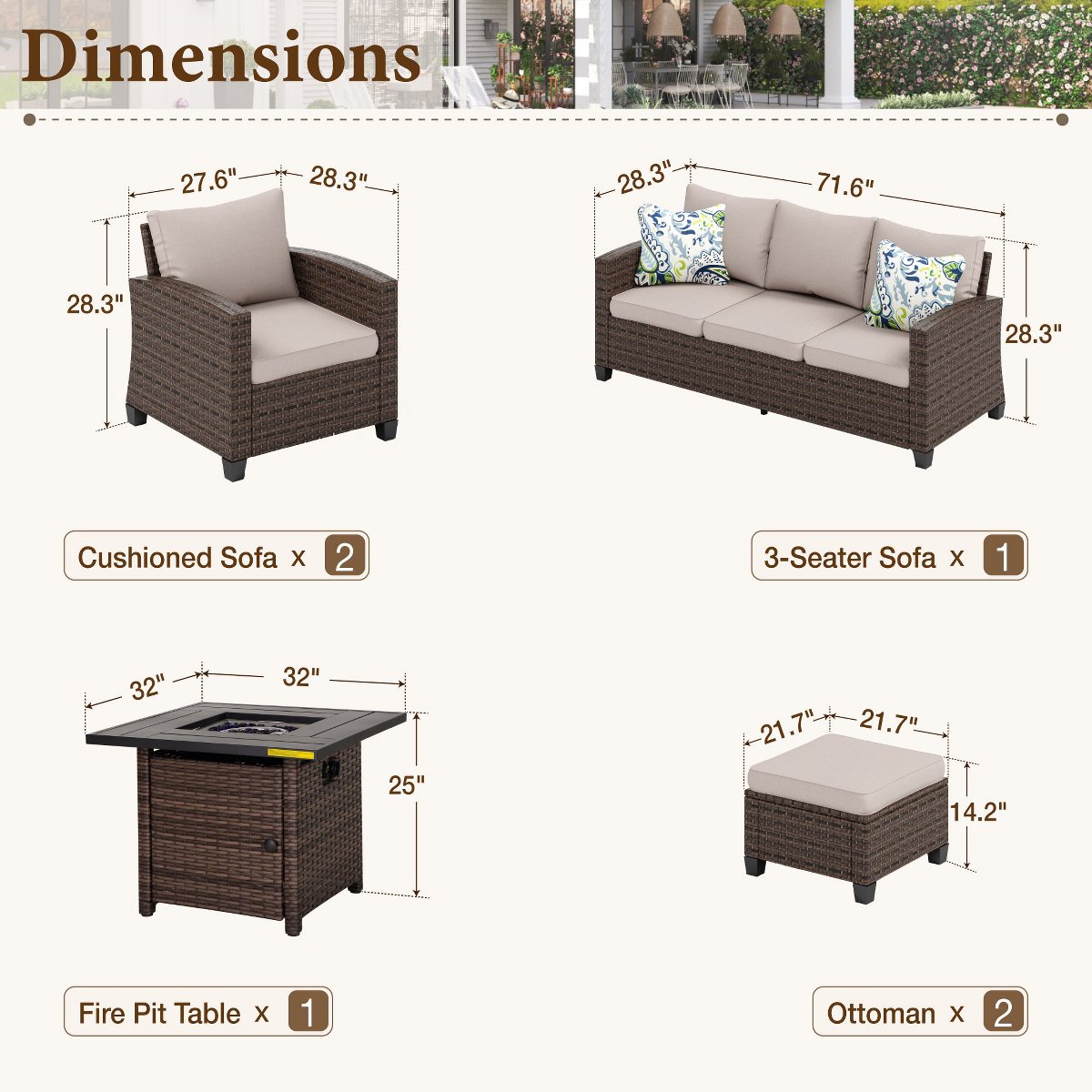 6pc Outdoor Patio Wicker Rattan Fire Pit Set with Cushioned Ottomans and Single Sofas
