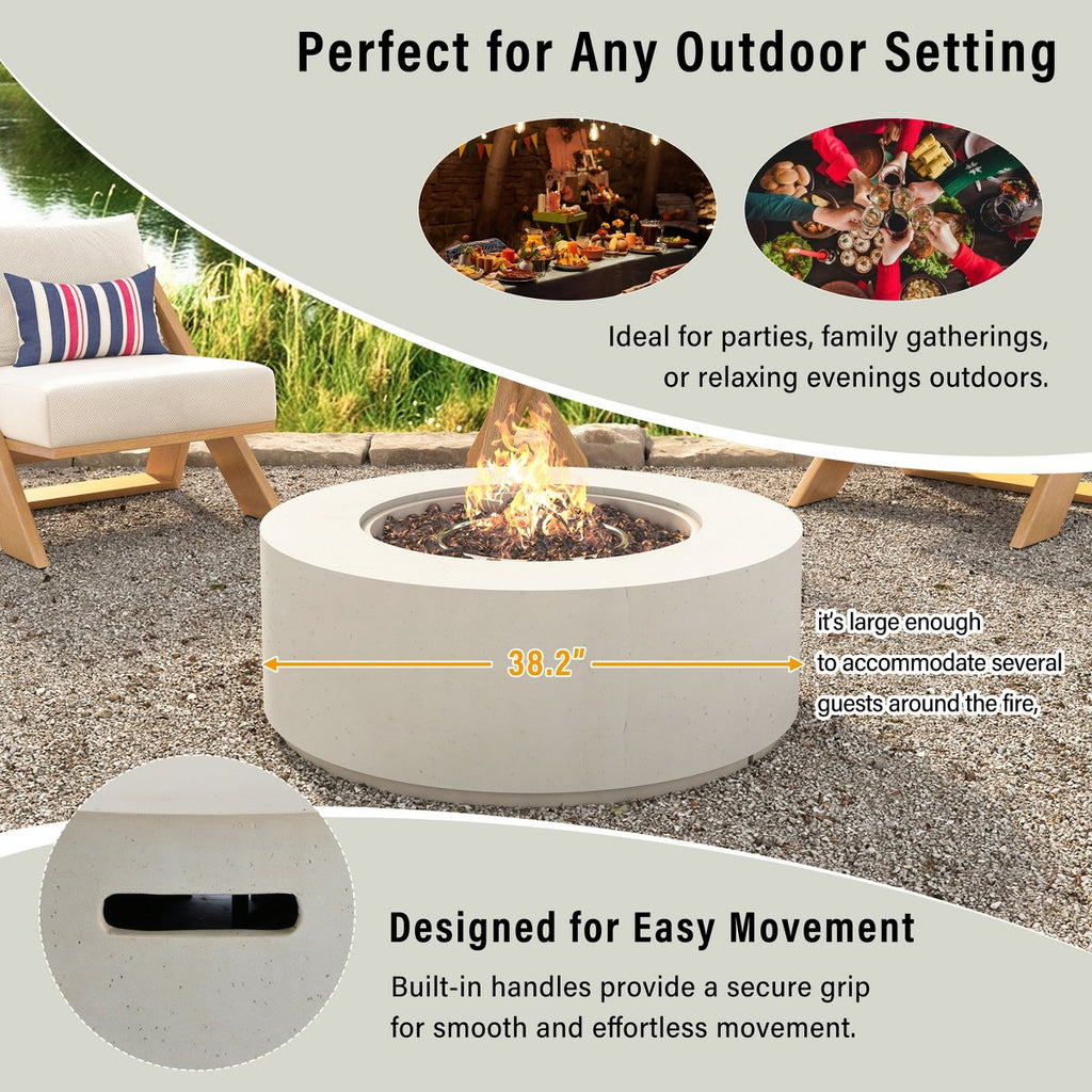 38 Round Propane Fire Pit Table, 50000 BTU Large Outdoor Fireplace with Faux Stone Finish, Lava Rocks & Waterproof Cover
