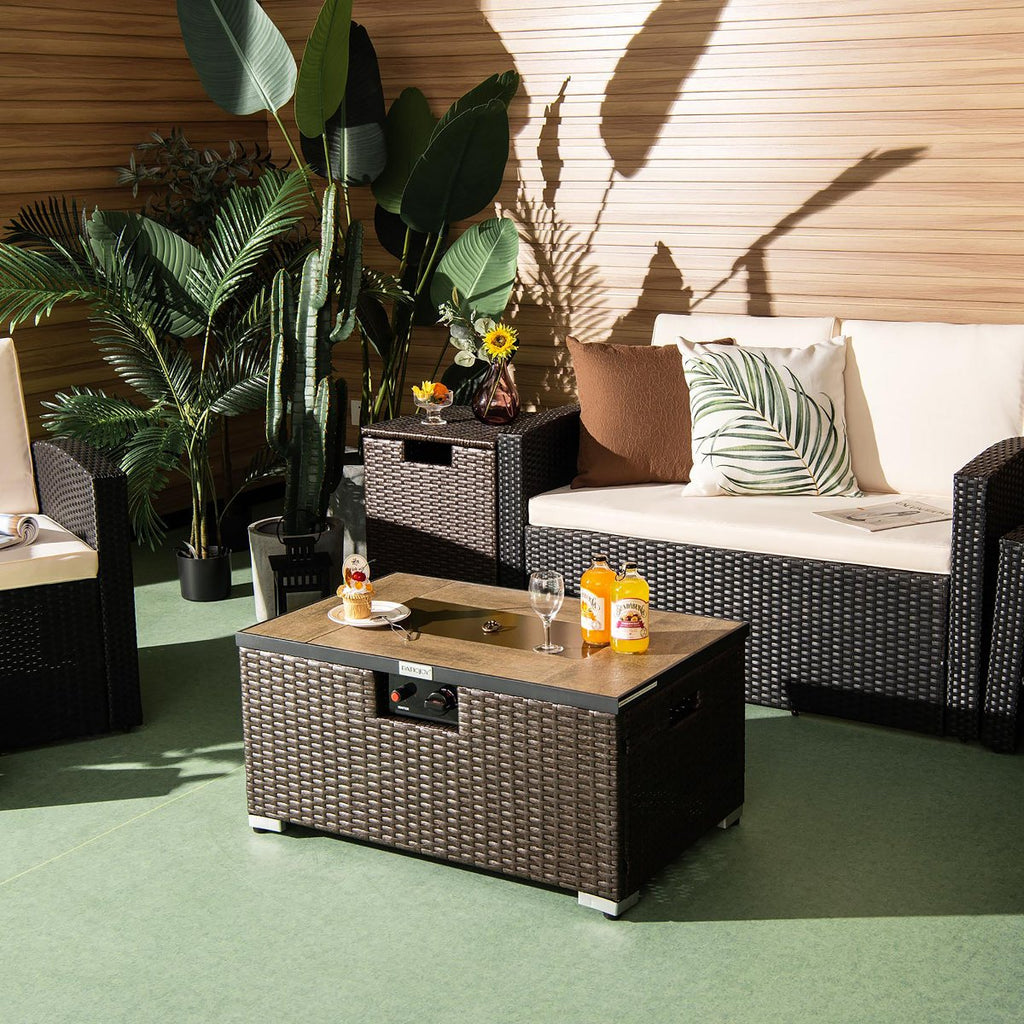 32x 20 Propane Rattan Fire Pit Table Set with Side Table Tank & Cover 40,000 BTU Grey/Coffee