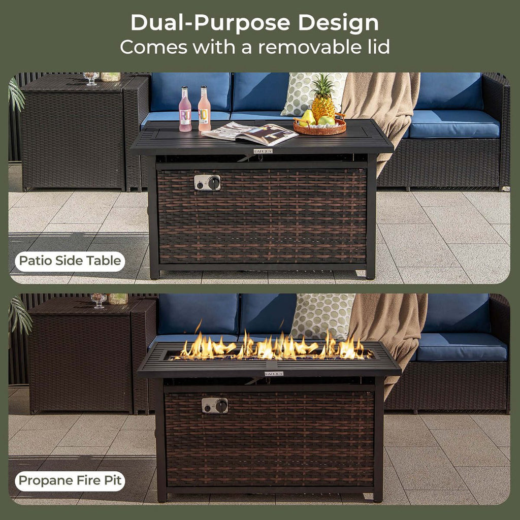 45 Propane Rattan Firepit Table with Glass Stones & Protective Cover Metal Frame