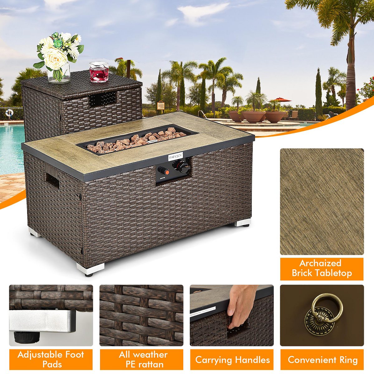 8PCS Patio Rattan Furniture Set Fire Pit Table Tank Holder Cover Deck Off White/Black/Navy/Red/Turquoise