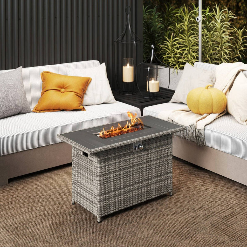 44.5-Inch Outdoor Fire Pit Table with Woven Rattan and Stainless Steel Burner, Doubles as a Patio Coffee Table, Gray