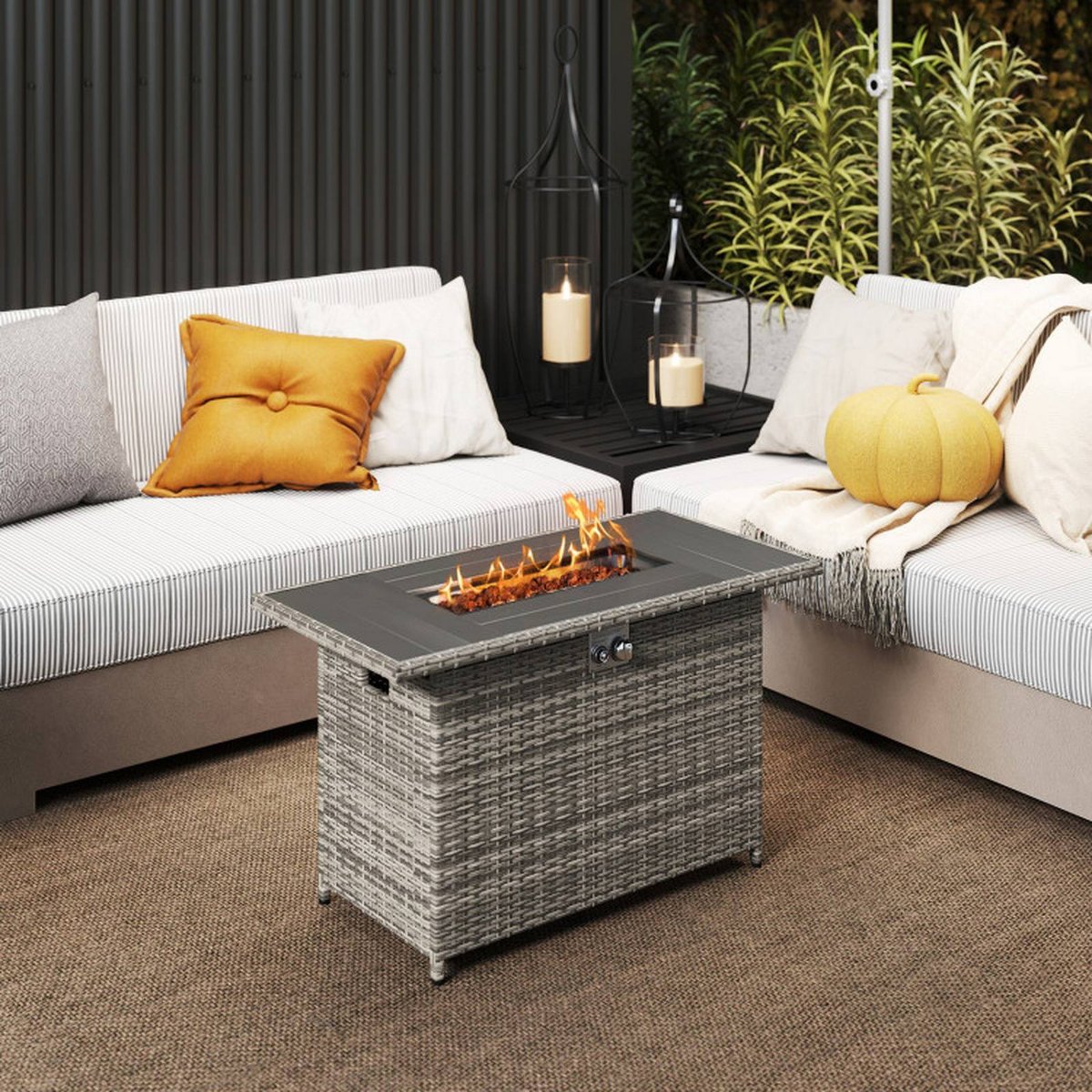 44.5-Inch Outdoor Fire Pit Table with Woven Rattan and Stainless Steel Burner, Doubles as a Patio Coffee Table, Gray