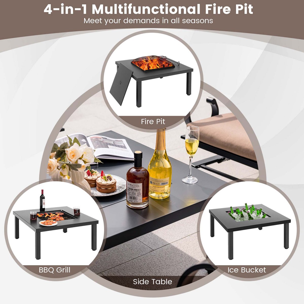 5pcs Patio Rocking Chairs 4-in-1 Fire Pit Table Heavy-Duty Conversation Outdoor