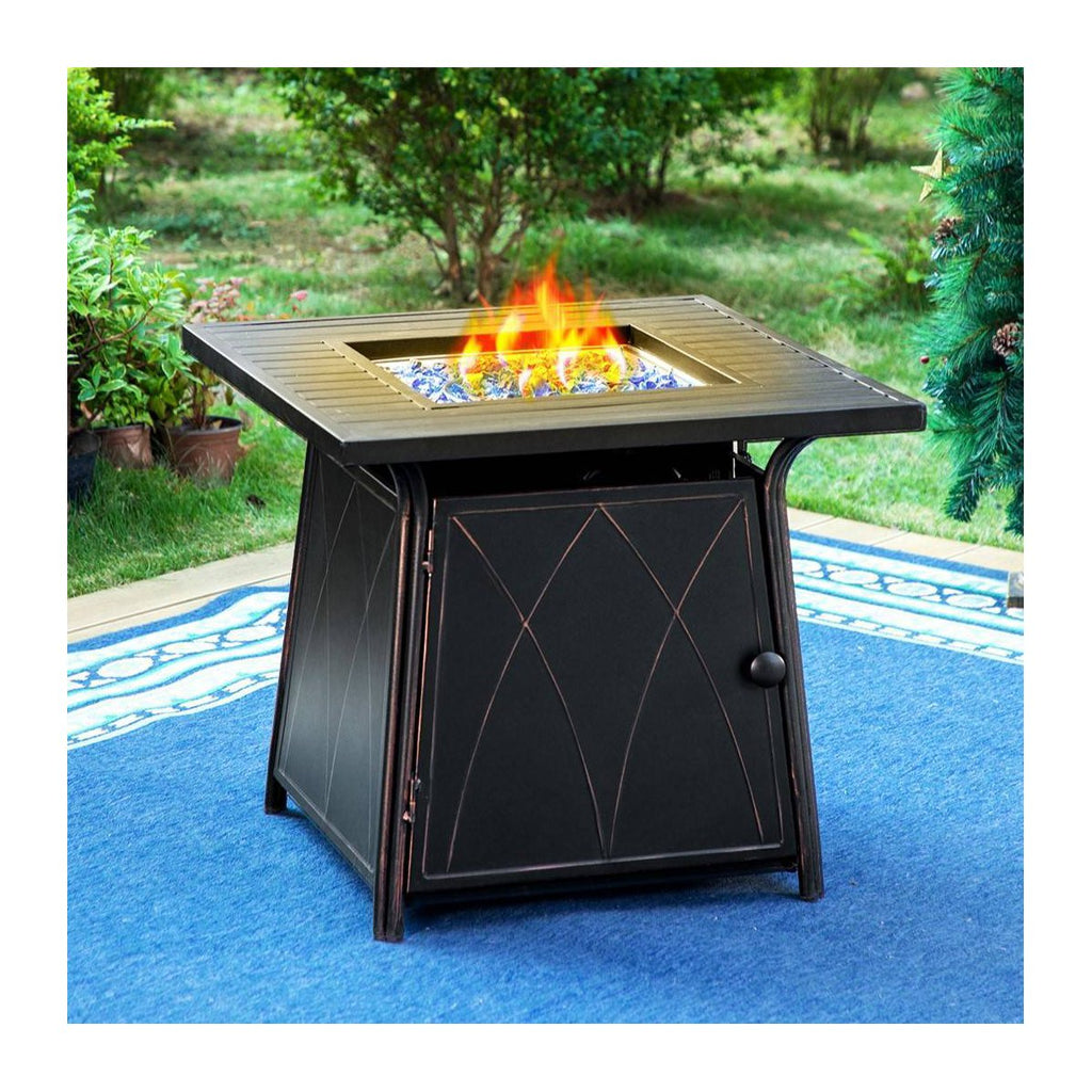 Metal Gas Square Outdoor Fire Pit Table With Lid Black: 28-Inch, 50000 BTU, Patio Heater