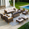 10pc Wicker Outdoor Patio Rattan Sectional Conversation Set with Fire Pit Table and Cushioned Ottoman