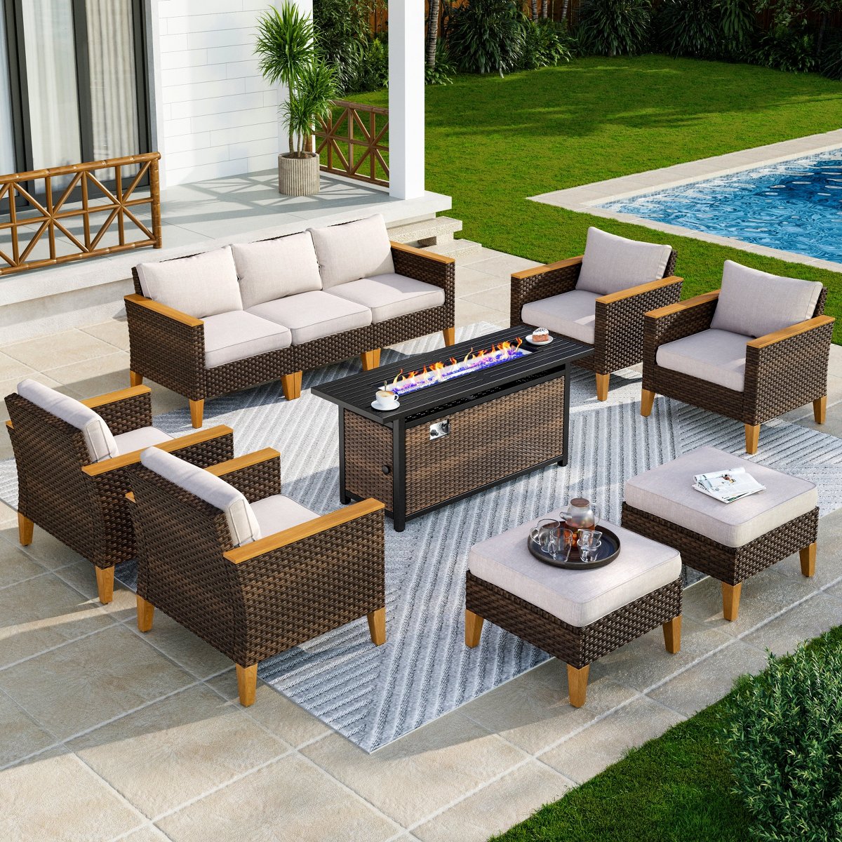 10pc Wicker Outdoor Patio Rattan Sectional Conversation Set with Fire Pit Table and Cushioned Ottoman