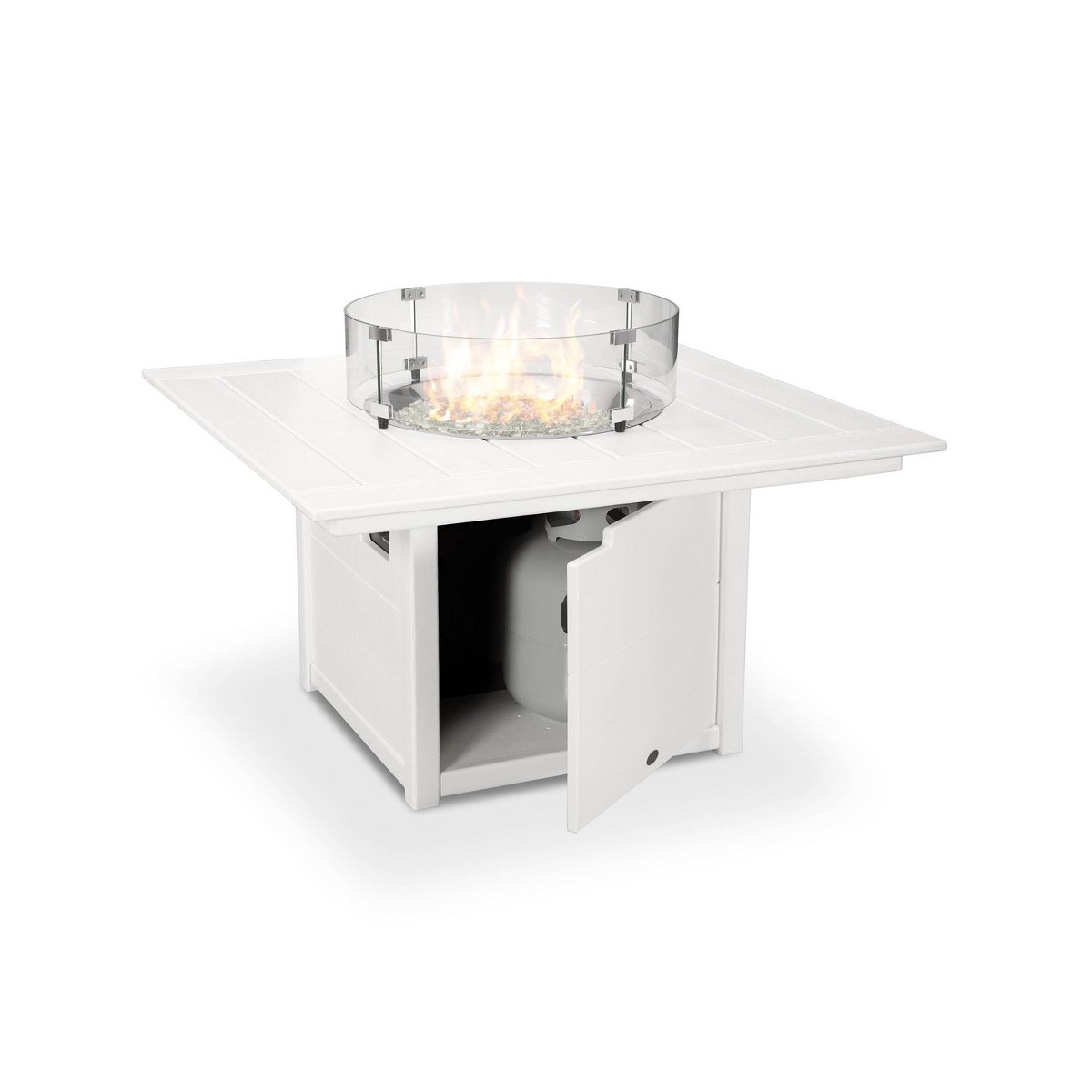 42 Fire Pit Table: Square White, Stainless Steel Burner, Weatherproof & UV-Resistant