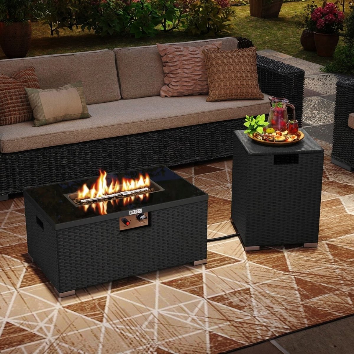 32 Inch Rectangular Propane Fire Pit Table Set 40,000 BTU Rattan with Tank Cover and Glass Top