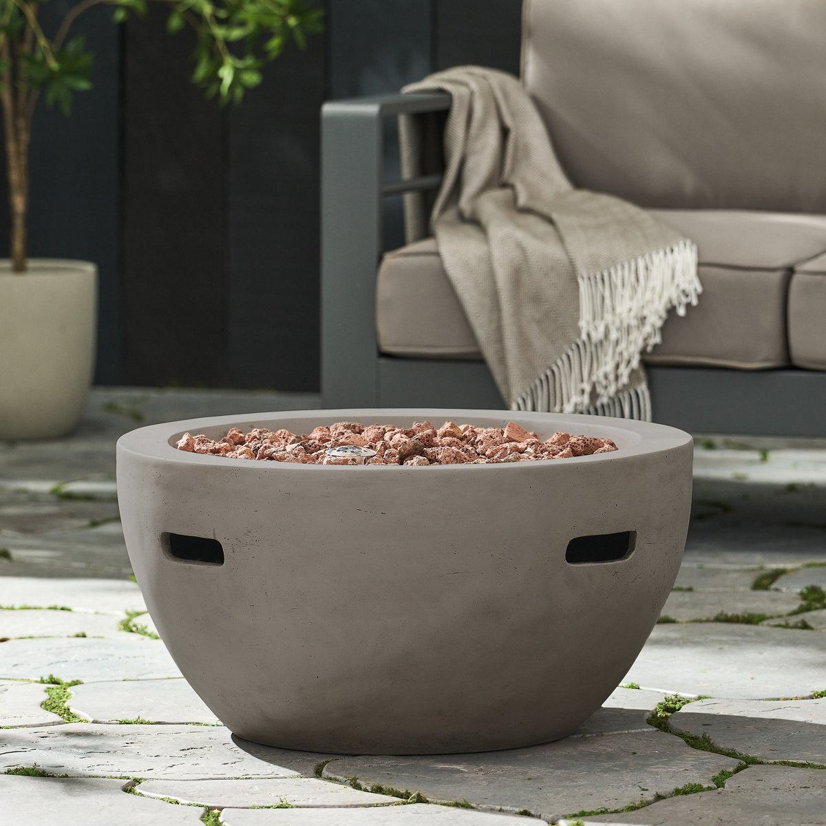 27 Bowl Propane Fire Pit, 40,000 BTU Round Lightweight MGO Concrete Outdoor Fireplace, Light Grey